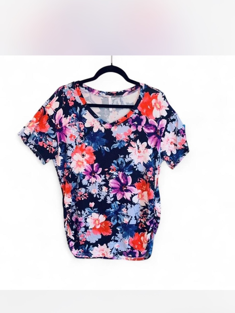 Cottagecore Grandma Navy Floral V-Neck Top with Pink, orange &Purple Blooms L